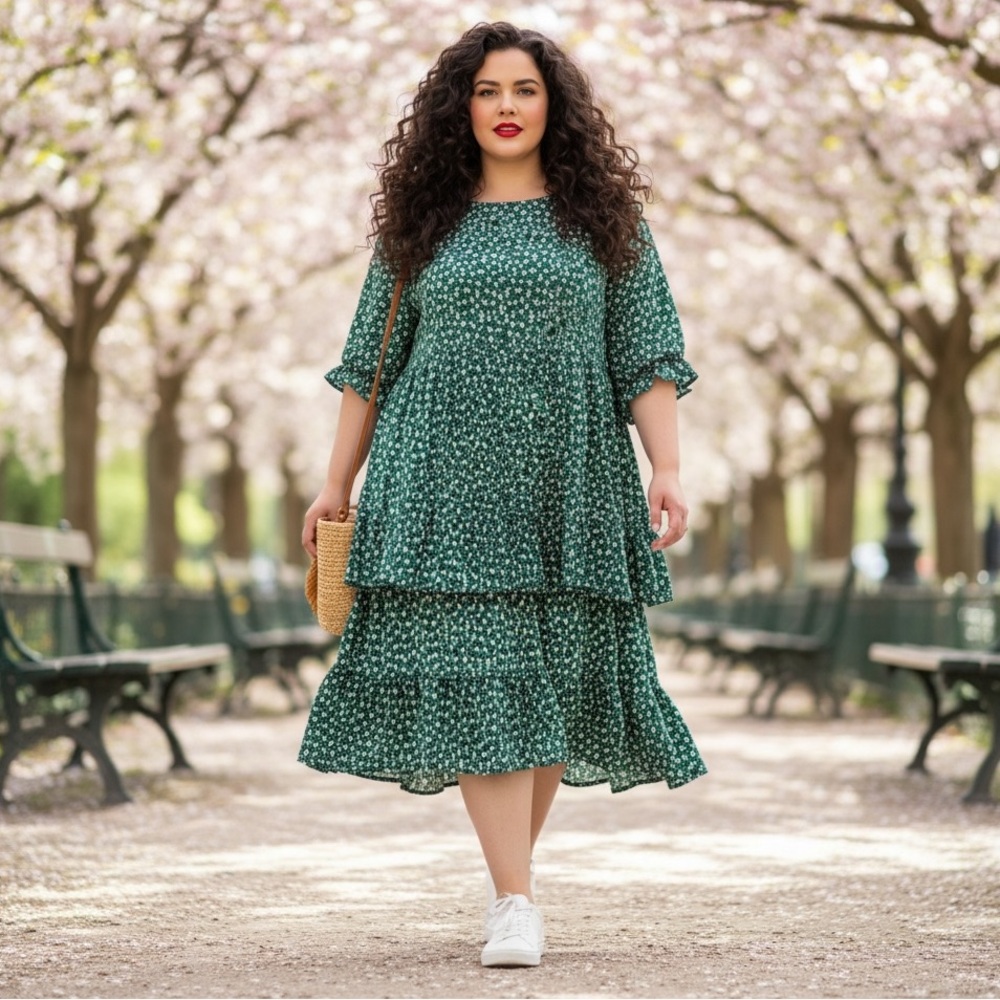 Divided H&M 4XL Green Floral Tiered Babydoll Dress Mini Lined Stretchy